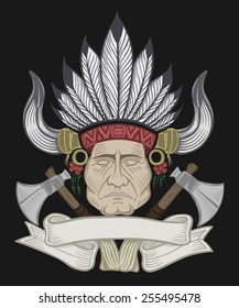 Illustration of the Indian chief with a tomahawk.