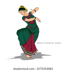 An illustration of Indian Classic Dance, A vector illustration of Bharatanatyam dance, A beautiful lady performing Indian famous dance