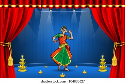 illustration of Indian classical dancer performing odissi on stage