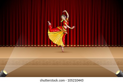 illustration of Indian classical dancer performing bharatnatyam on stage