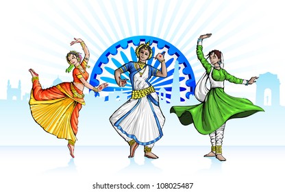 illustration of Indian classical dancer performing in tricolor costume
