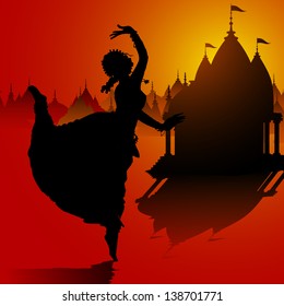 illustration of Indian classical dancer performing in temple