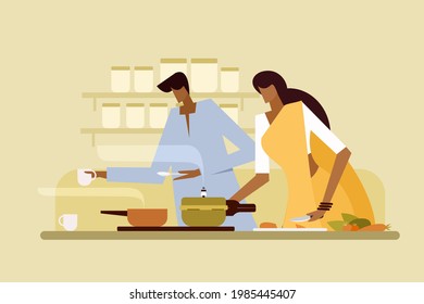 Illustration of an Indian couple cooking in their kitchen