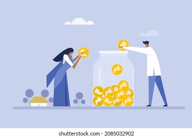 Illustration of a Indian couple deposit Rupee coins in a Jar