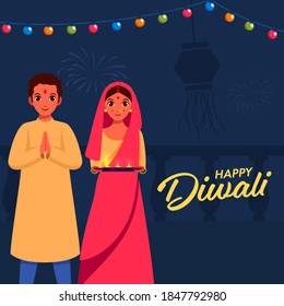 Illustration Of Indian Couple Doing Namaste With Plate Full Of Oil Lamps (Diya) On Blue Background For Happy Diwali Celebration.
