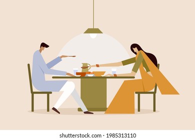 Illustration of an Indian couple having food in the dining room