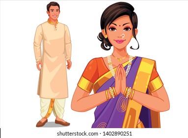 Illustration of Indian couple in Indian traditional dress