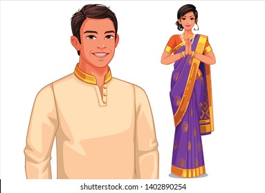 Ilustración de una pareja india vestida de forma tradicional