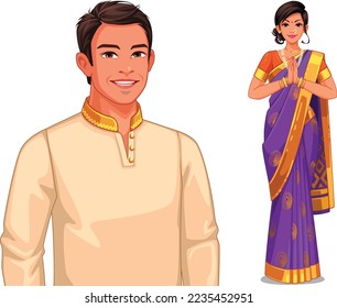 illustration indian couple traditional outfit