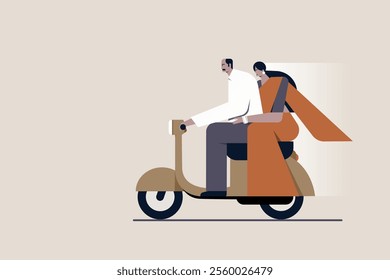 Illustration of an Indian couple travelling in a two wheeler