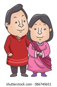 Illustration of an Indian Couple Wearing a Traditional Kurta and Sareeh Outfit
