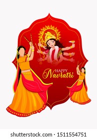 Illustration of Indian Couples Playing Garba and Dandiya Dance Navratri festival of India 