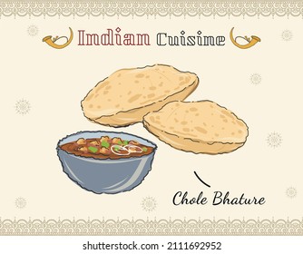 Illustration Indian cuisine. Chole Bhature or Chick pea curry and Fried Puri served in terracotta crockery. Indian cuisine isolated dish colored vector doodle.