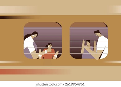 Illustration of an Indian family with children travelling in a train