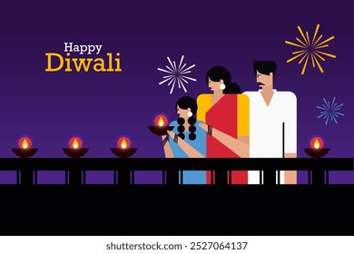 Illustration of an Indian family lighting Diwali festival lamps in their home