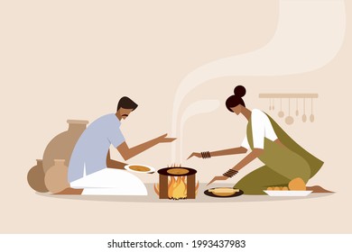 Illustration of an Indian family making and eating 'Roti' in the traditional way