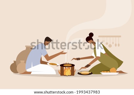 Illustration of an Indian family making and eating 'Roti' in the traditional way