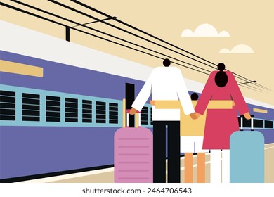 Ilustración de una familia india en un viaje de vacaciones de pie en una estación de tren