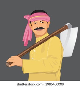 Illustration of Indian Farmer carrying hoe or sickle on shoulder