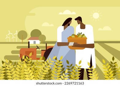 Illustration of an Indian farmer couple holding a basket of farm produce in their hand