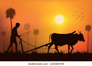 Illustration of Indian farmer with cow