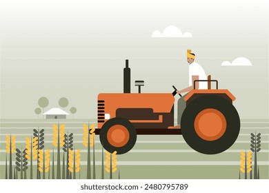 Illustration of an Indian farmer driving a tractor in the farm