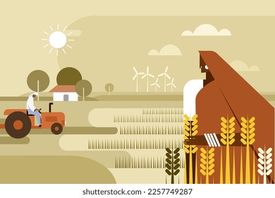 Illustration of an Indian farmer family engaged in the farming activities in the field