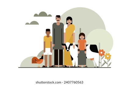 Illustration of an Indian farmer family with their livestock animals