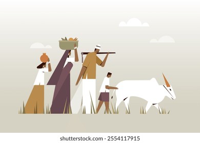 Illustration of an Indian farmer family walking along with a bullock in the farm