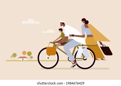 Illustration of a Indian farmer and his family travelling on a bicycle