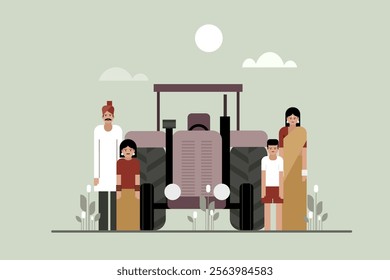 Illustration of an Indian farmer and his family standing in front of a tractor