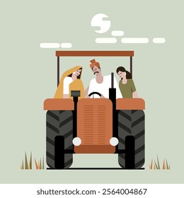 Illustration of an Indian farmer and his family travelling in a tractor