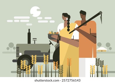 Illustration of an Indian farmer and his wife standing in front of a tractor