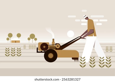 Illustration of an Indian farmer ploughing the field with a power tiller