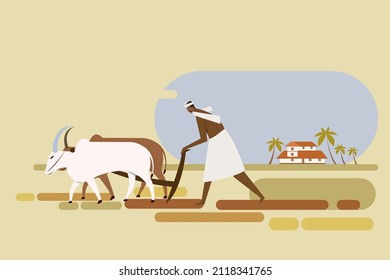Illustration of an Indian farmer plows the paddy field using bullocks
