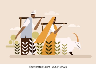 Illustration of an Indian farmer and wife walking with a bullock through the agricultural farm