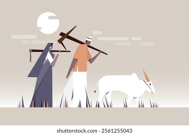 Illustration of an Indian Farmer and wife walking along with a bullock in the farm