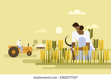 Illustration of an Indian farmer woman harvesting wheat in the field