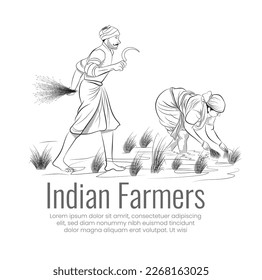 An illustration of Indian farmers, A couple working on their field, Vector line art of poor people