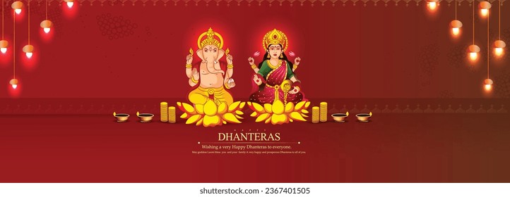 Illustration des indianischen Festivals Dhanteras , Maa Lakshmi und, Kalash mit Goldmünzen und Fußspuren
