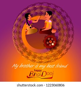 Illustration for indian festival of happy Bhai Dooj celebration.Bhau Beej, Bhai Tika, Bhai Phonta- on this day, brothers get gifts from sisters.