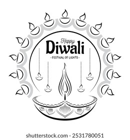 Uma ilustração do festival indiano Happy Diwali, Line Art Design. Ilustração vetorial desenhada à mão ou desenho de Diwali Diya