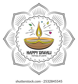 An Illustration of Indian festival Happy Diwali, Line Art Design. Hand drawn vector illustration or drawing of Diwali Diya