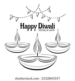 An Illustration of Indian festival Happy Diwali, Line Art Design. Hand drawn vector illustration or drawing of Diwali Diya