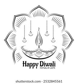 An Illustration of Indian festival Happy Diwali, Line Art Design. Hand drawn vector illustration or drawing of Diwali Diya