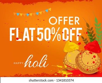 Illustration Of Indian Festival Happy Holi Sale Poster Or Banner Discount Offer Background.