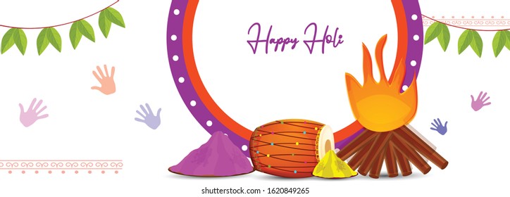 Illustration of Indian Festival Happy Holi with sweets, colors, dhol and holika.