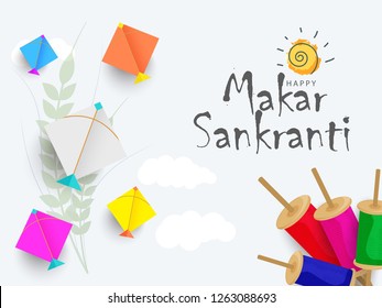 Illustration Of Indian Festival Happy Makar Sankranti Background With Colorful Kites.