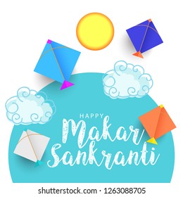 Illustration Of Indian Festival Happy Makar Sankranti Background With Colorful Kites.