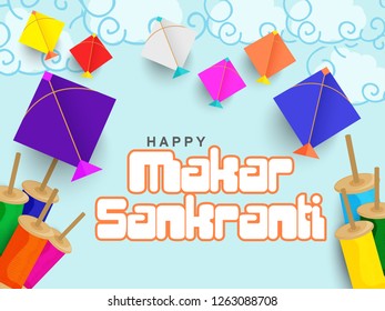 Illustration Of Indian Festival Happy Makar Sankranti Background With Colorful Kites.